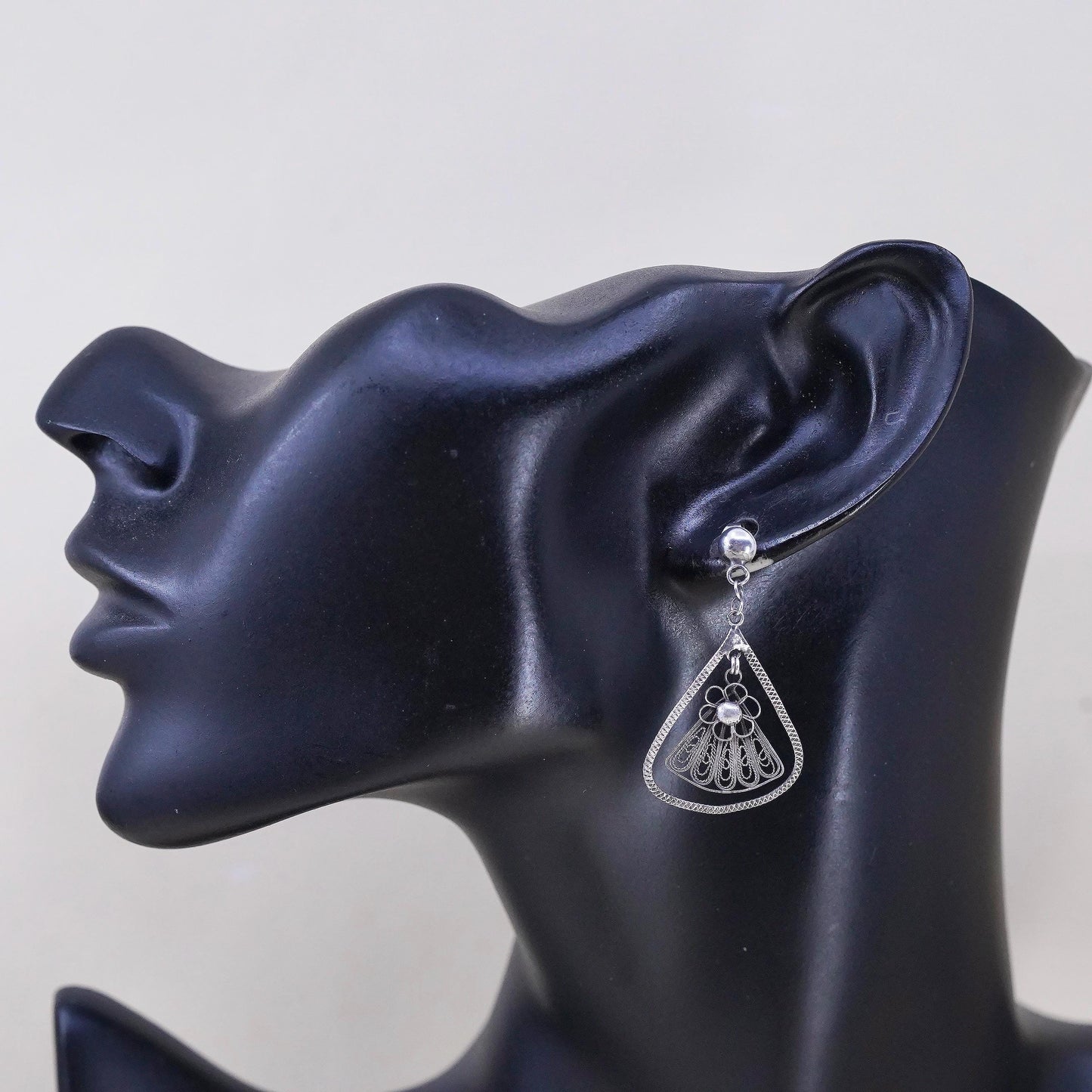 Vintage sterling silver handmade earrings, solid 925 flower filigree details