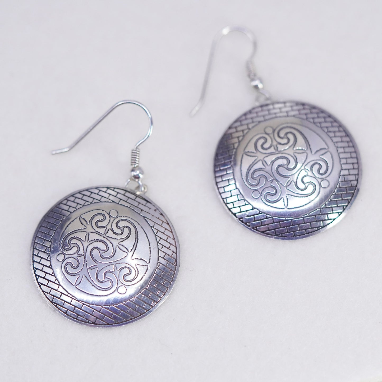 vintage Sterling silver handmade earrings, 925 textured disc dangles