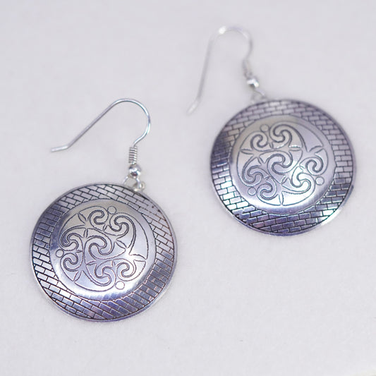 vintage Sterling silver handmade earrings, 925 textured disc dangles