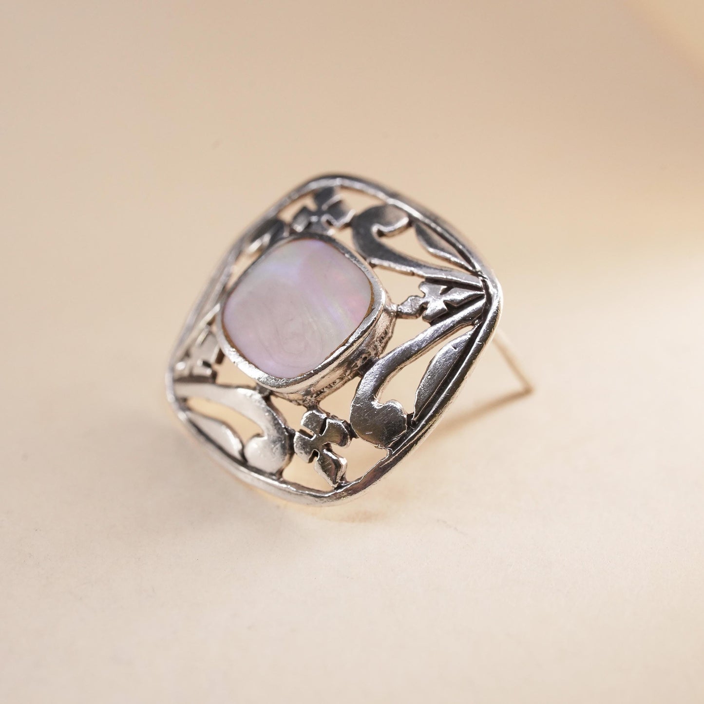 Vintage single earring. Sterling 925 silver square stud with mother of pearl