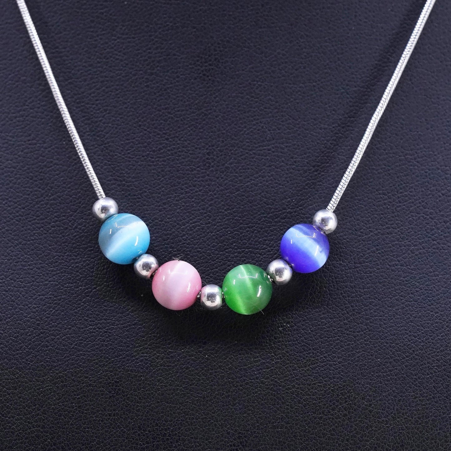 16", VTG Sterling silver necklace, 925 snake chain with colorful cat eye beads
