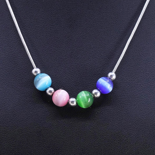 16", VTG Sterling silver necklace, 925 snake chain with colorful cat eye beads