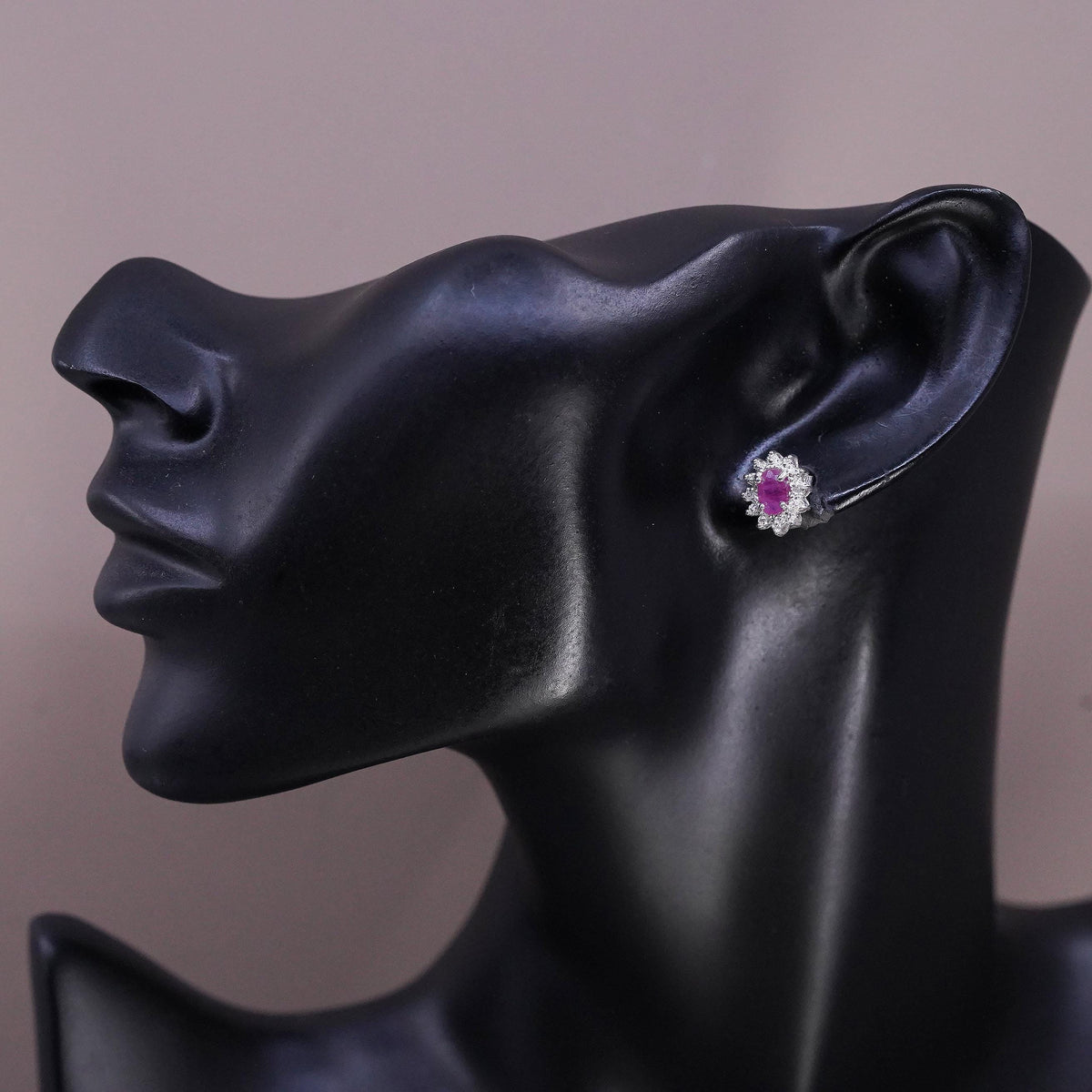 Vintage Sterling silver handmade earrings, 925 studs with ruby and diamonds