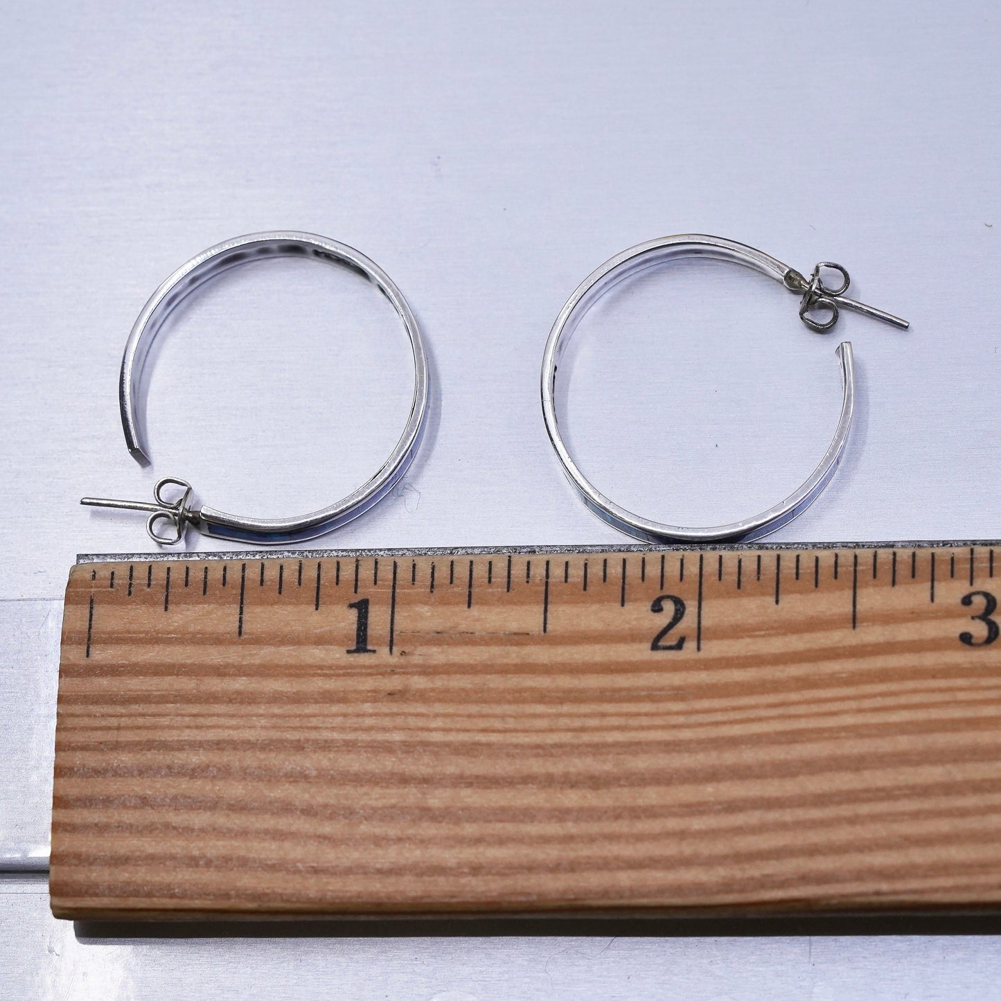 0.75", vintage Mexican Sterling silver huggie earrings, 950 hoops w/ blue opal