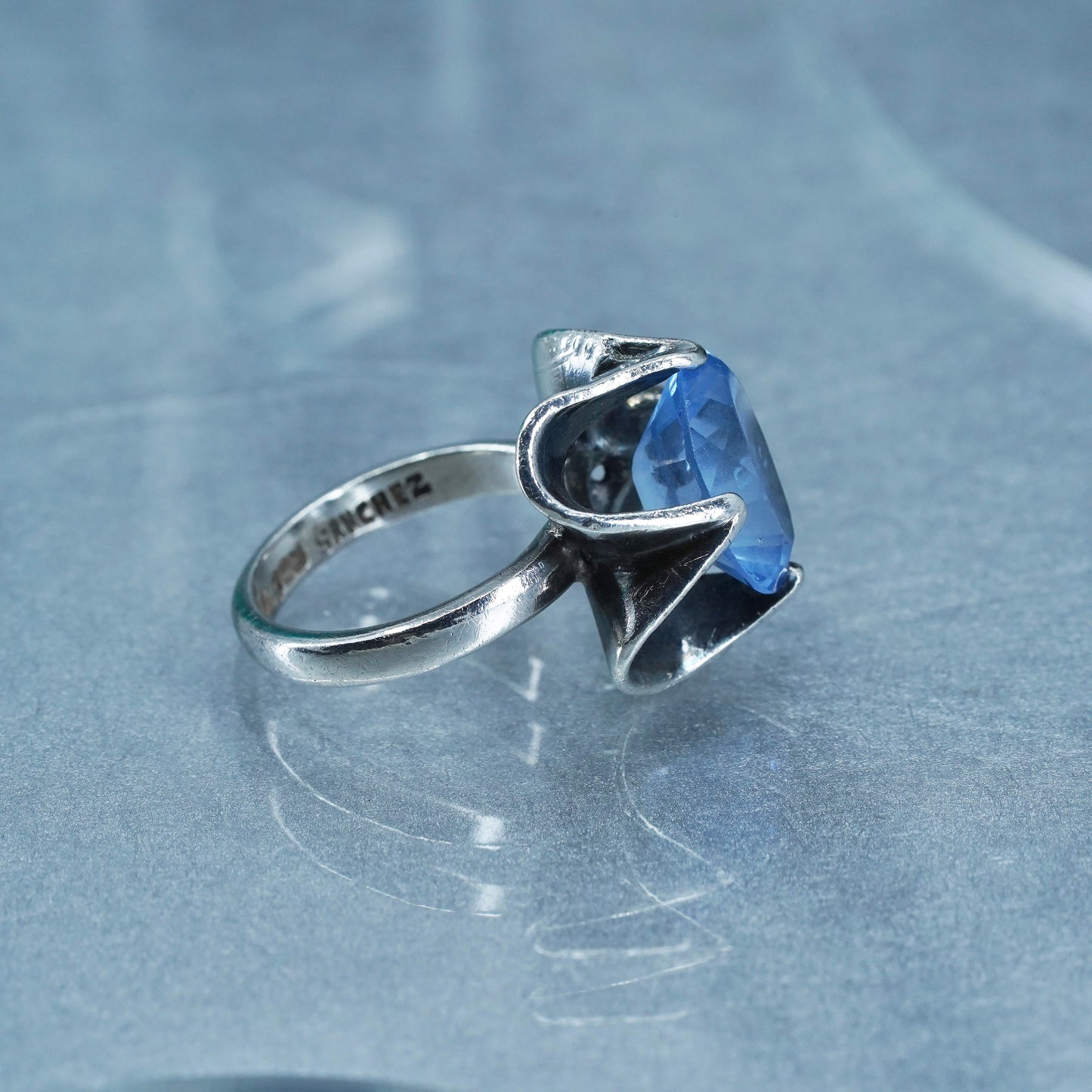 Size 7, Vintage Sterling Silver Mexico Taxco Sanchez blue topaz Ring