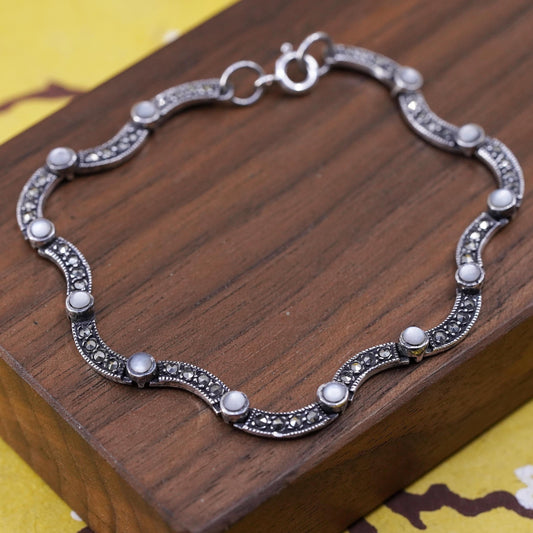 7.25”, vintage Sterling silver bracelet, 925 tennis bracelet marcasite obsidian