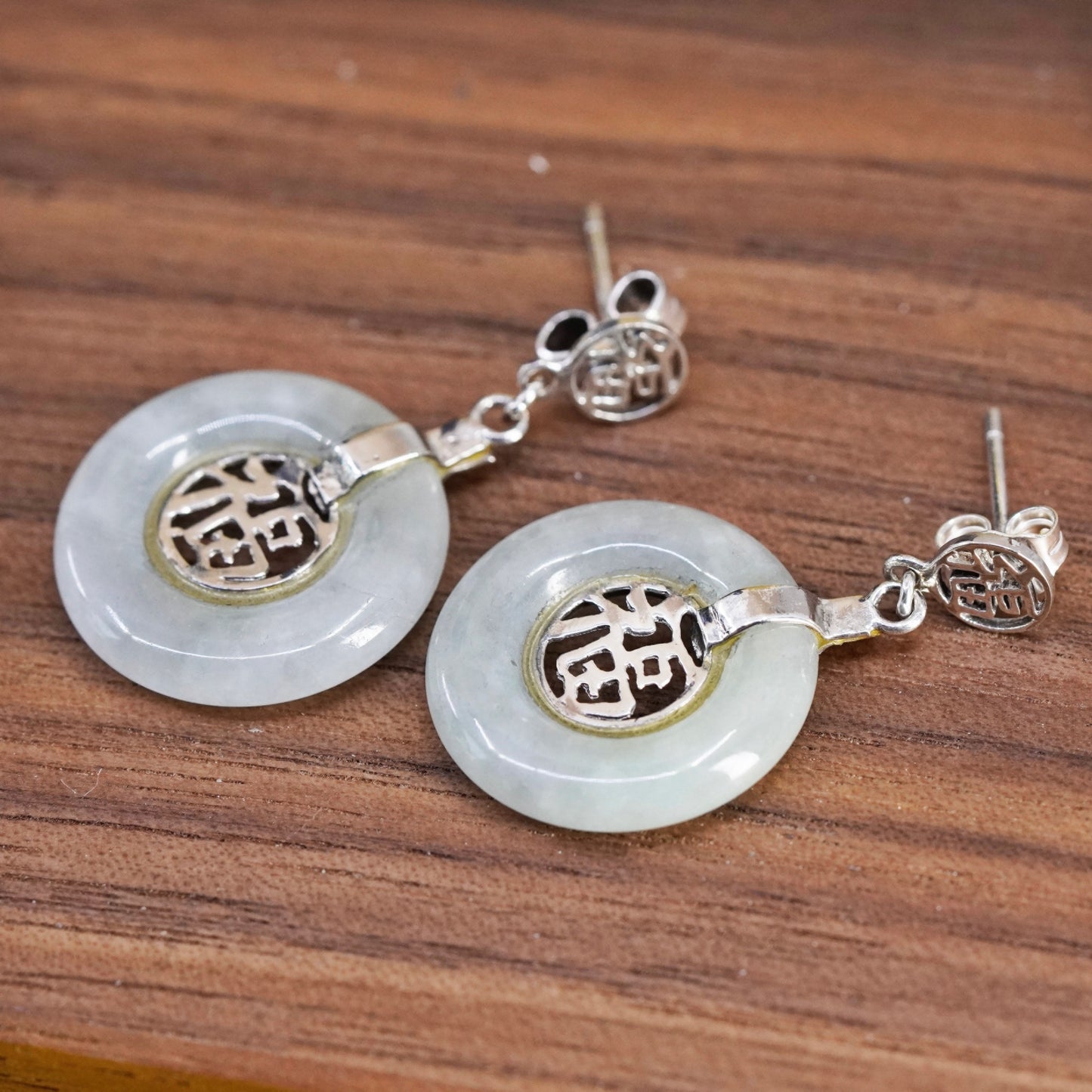 Vintage Sterling 925 silver handmade blessing earrings with jade