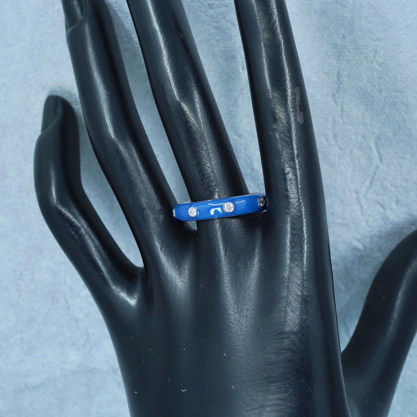 Size 10, vintage Sterling 925 silver handmade ring, blue enamel band with cz