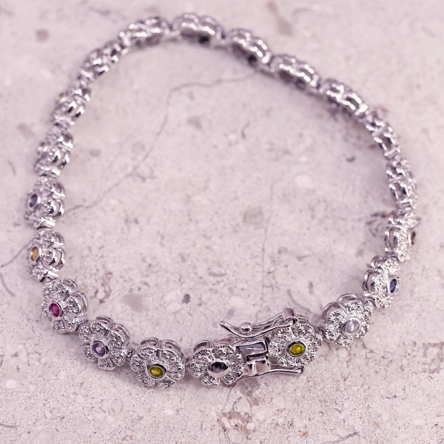 6.75”, vintage sterling 925 silver tennis bracelet with cluster cz flower