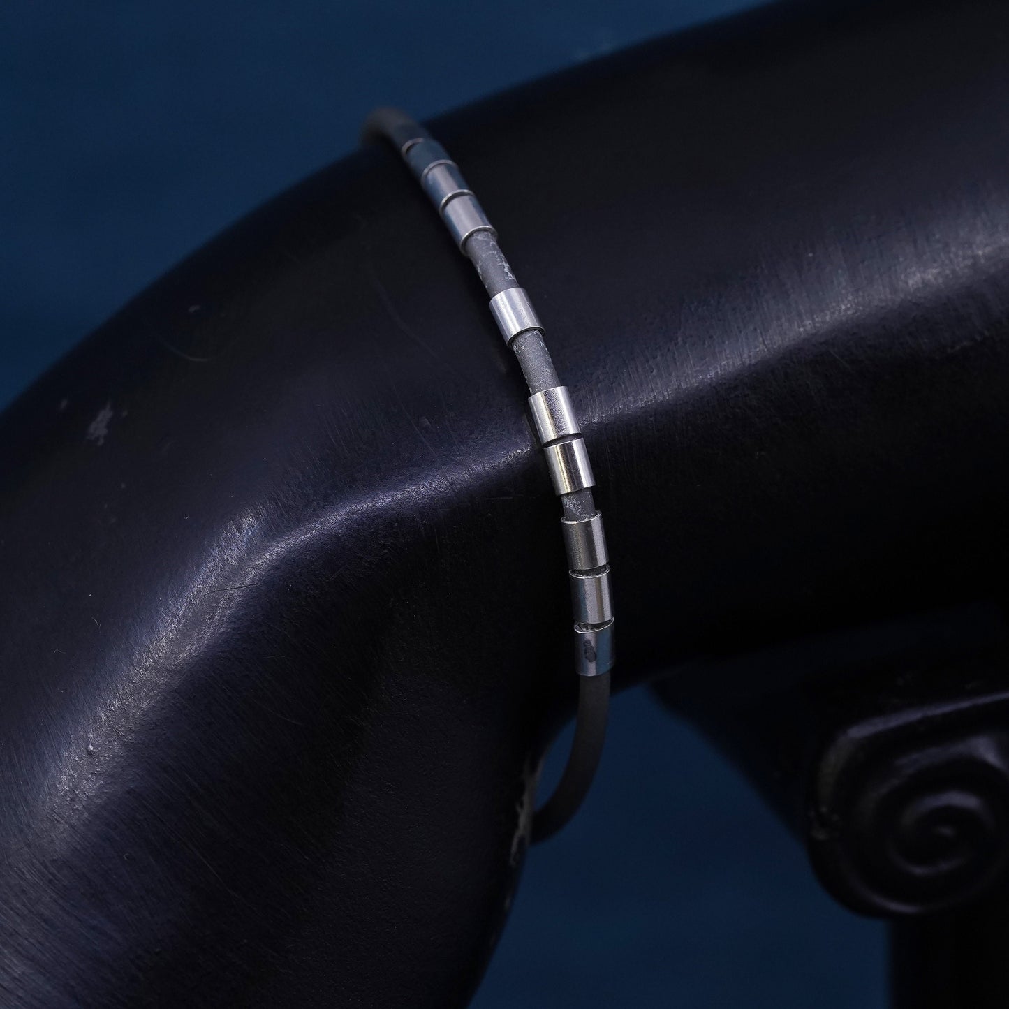 6.25”, Vintage Sterling silver handmade bracelet, 925 tube w/ gray rubber band