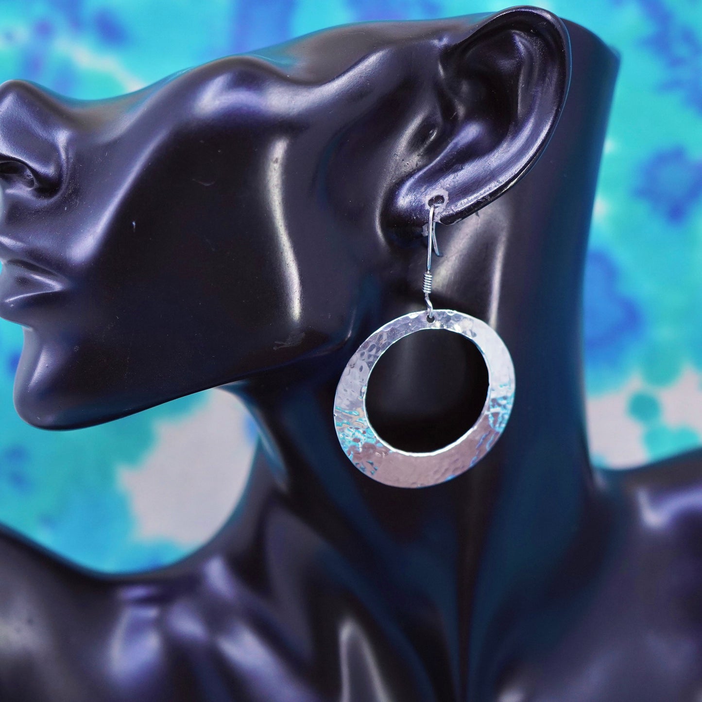 Vintage sterling silver handmade earrings, 925 hammered circle shaped drops