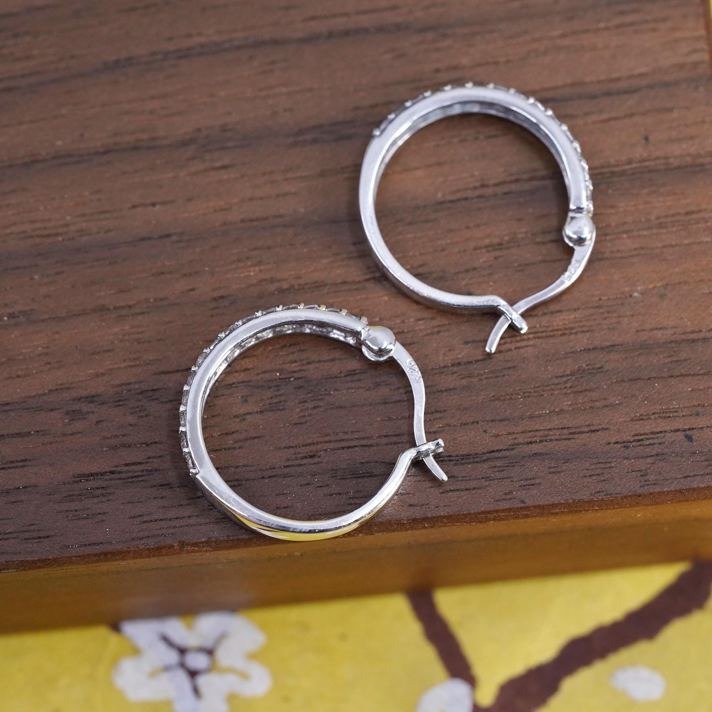 0.75", vintage Sterling silver hoop earrings, 925 huggie with cluster diamonds