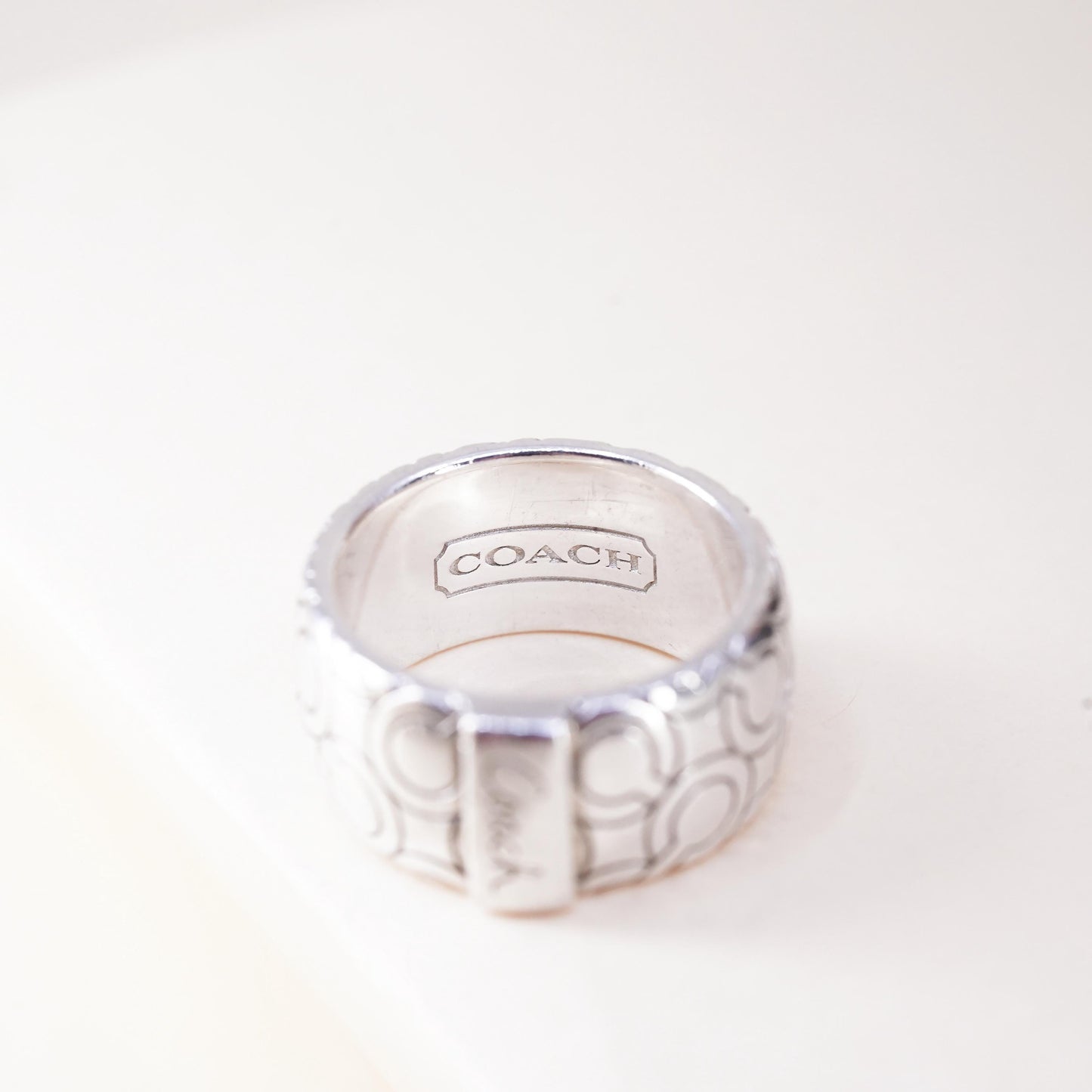 Size 5.5, Vintage Coach logo sterling silver ring, 925 wide band