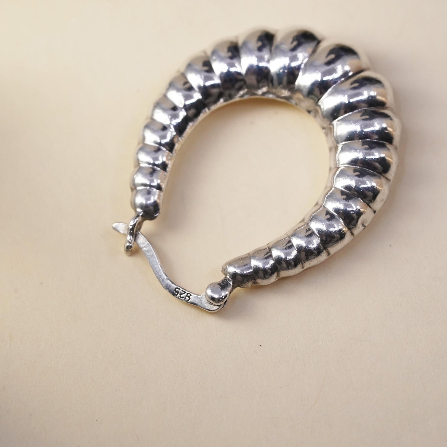 1.25", Vintage sterling silver loop single earring, ribbed primitive hoop