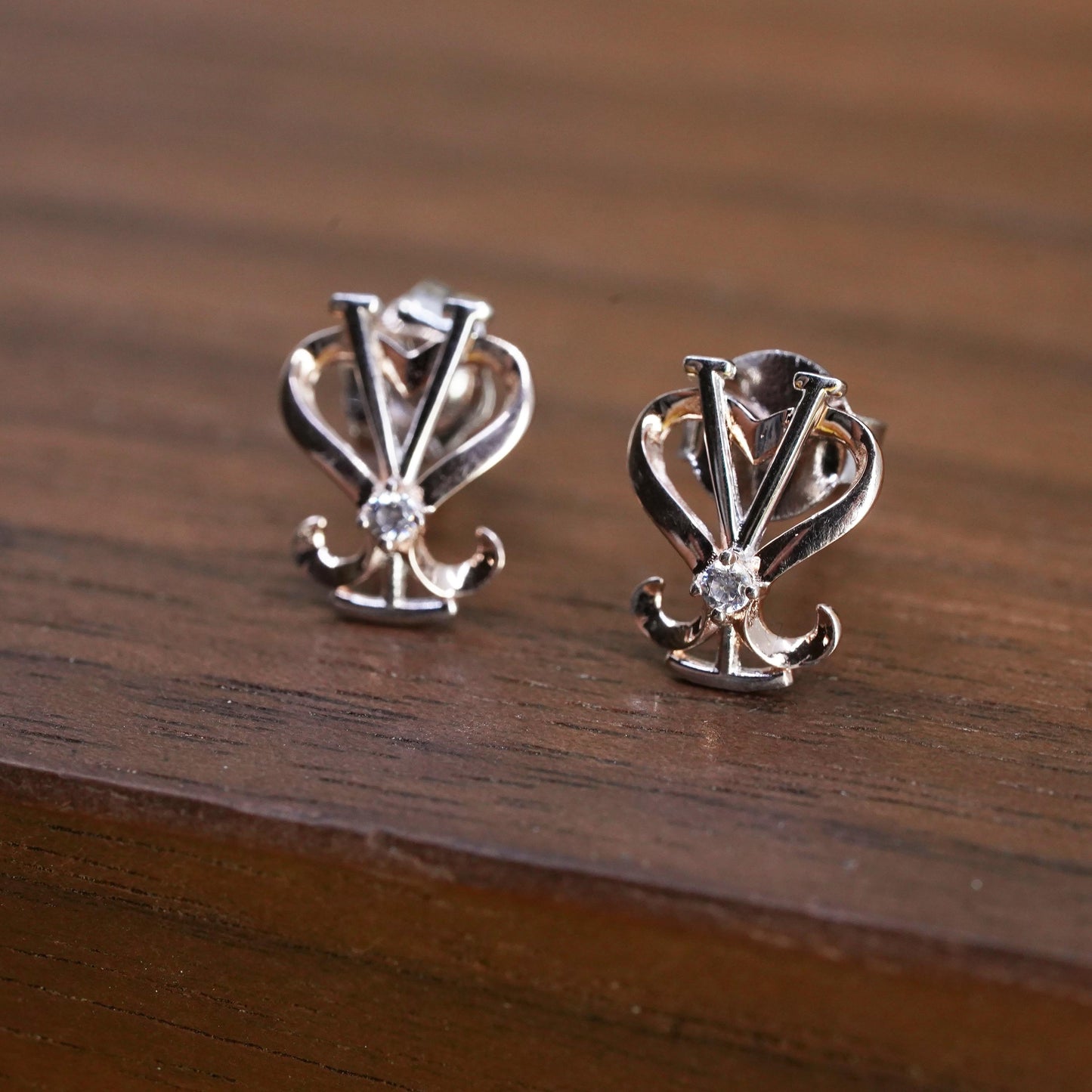 Vintage Two-Tone Sterling Silver Heart V Stud Earrings with CZ