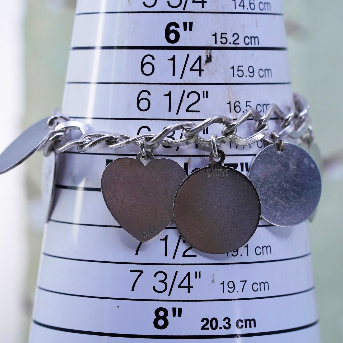 6.75" sterling silver bracelet, 925 curb link chain with charms embossed names