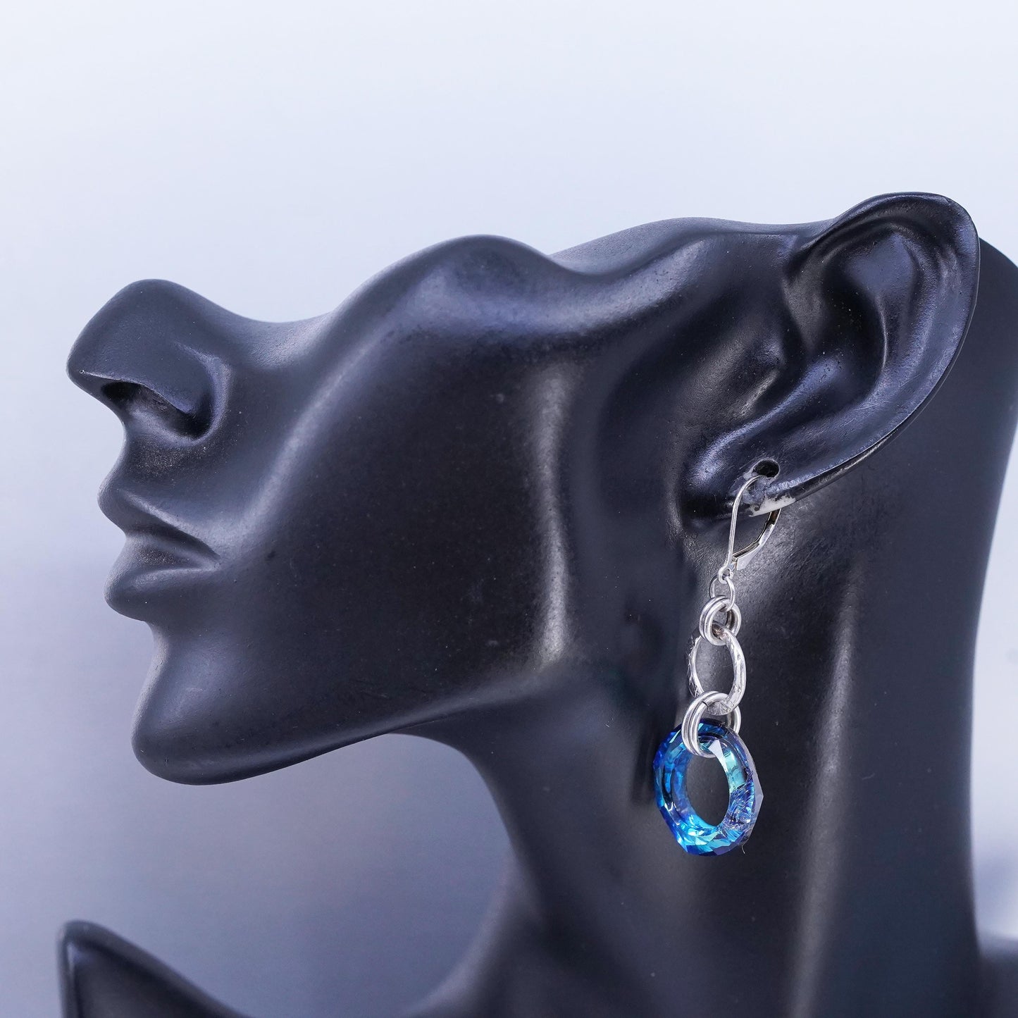 Vintage Sterling 925 silver handmade entwined circle earrings blue AB crystal