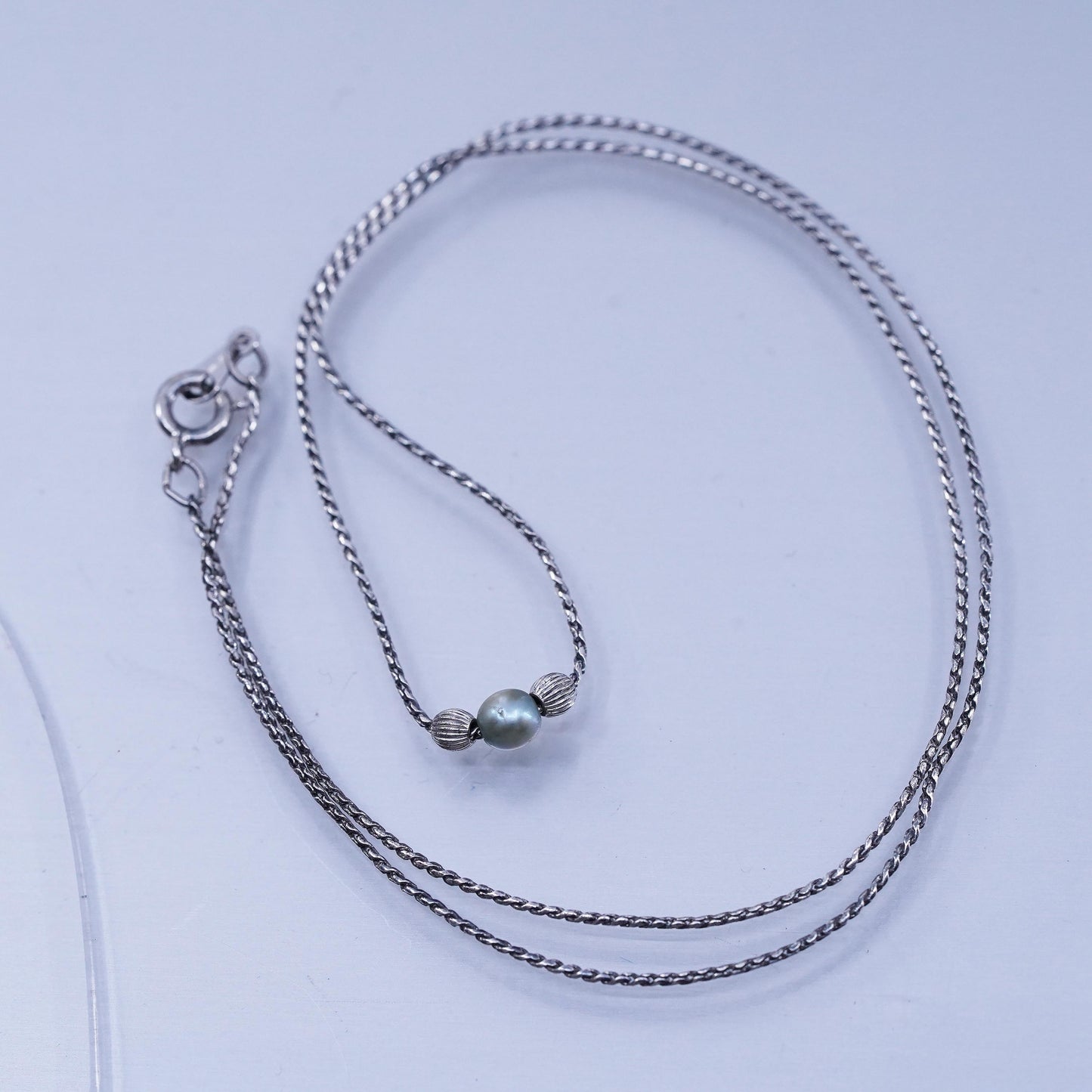 18”, vintage Sterling 925 silver handmade twisted S link necklace pearl pendant