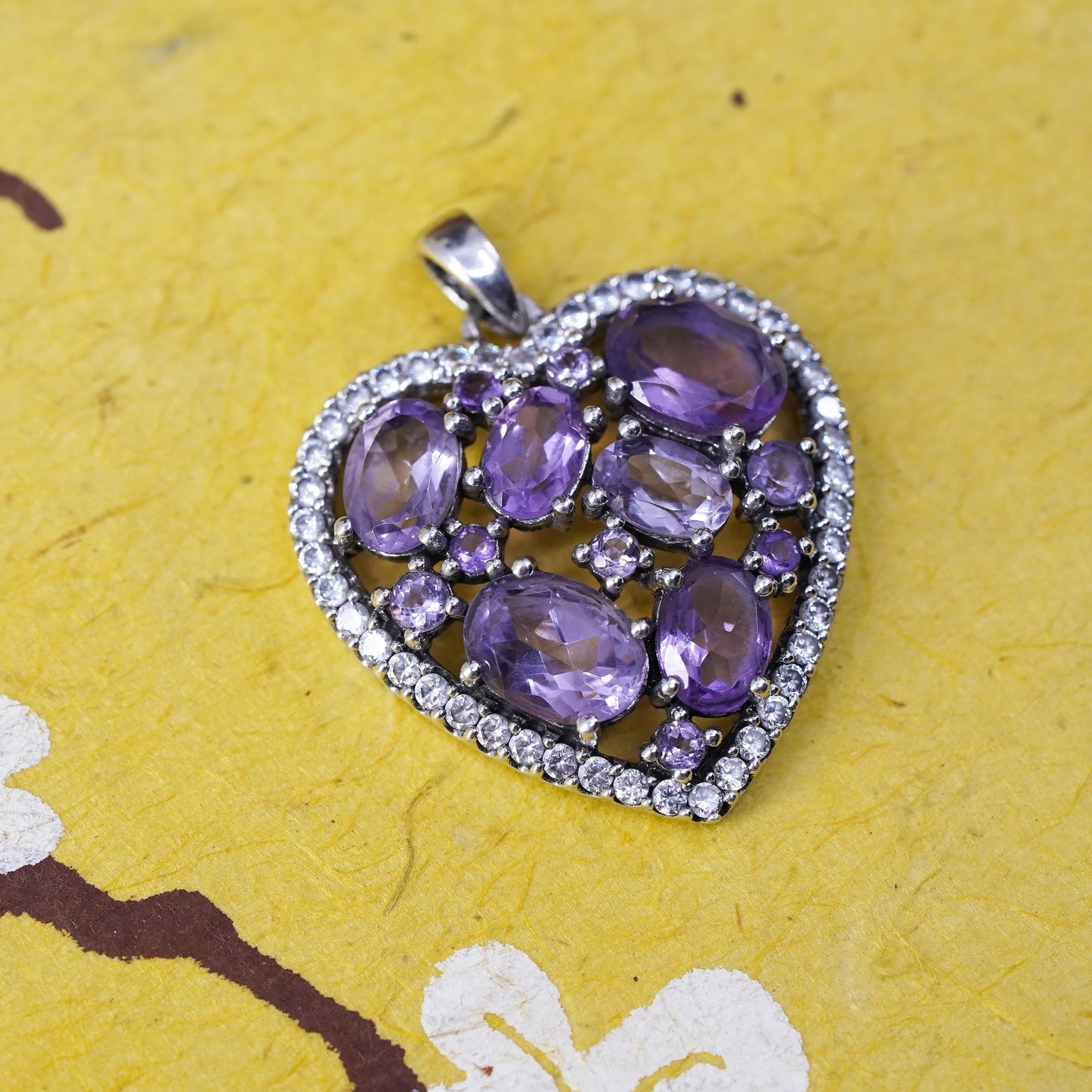 Vintage Sterling 925 silver handmade heart pendant with amethyst and cluster cz