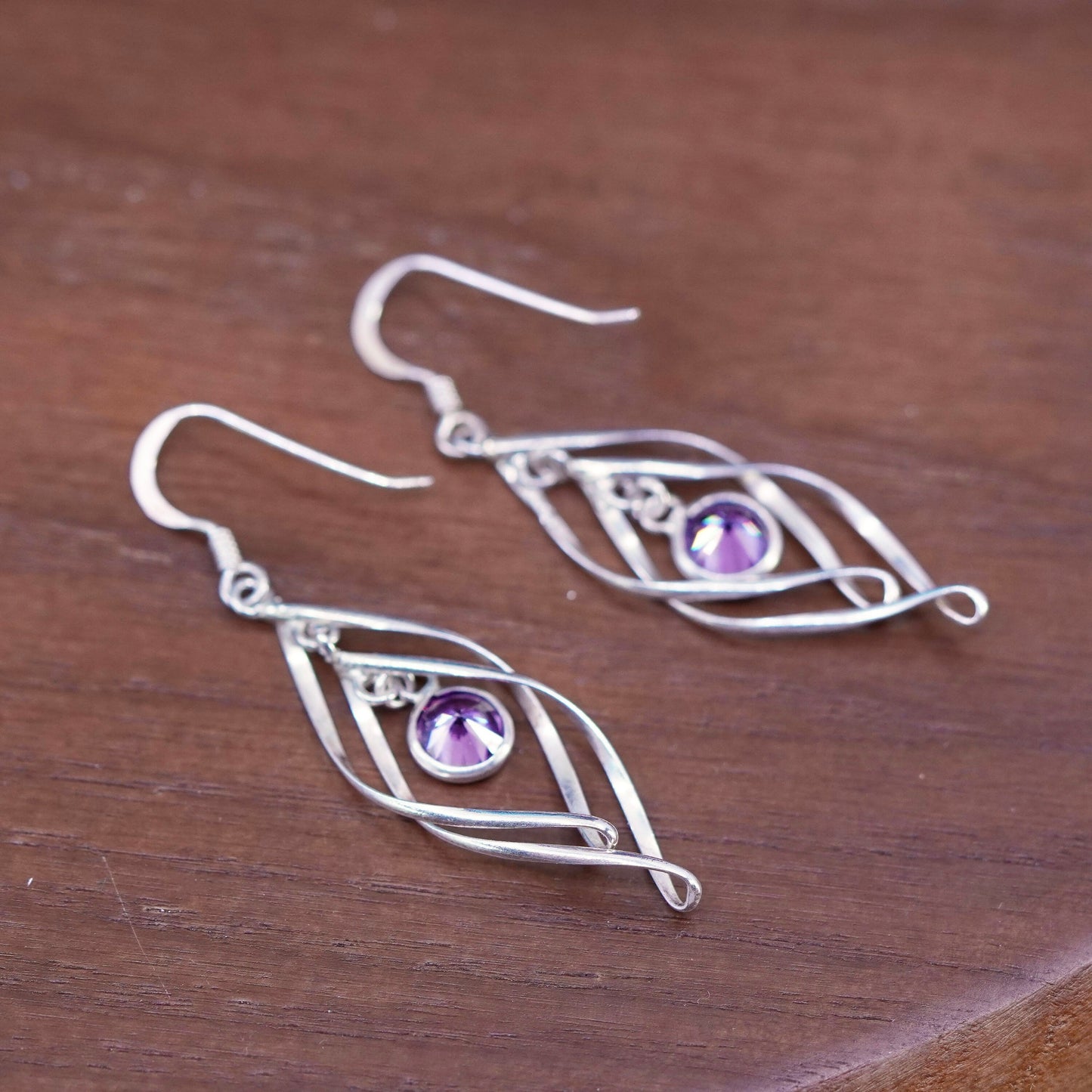 Vintage sterling silver handmade earrings, 925 twisty with amethyst