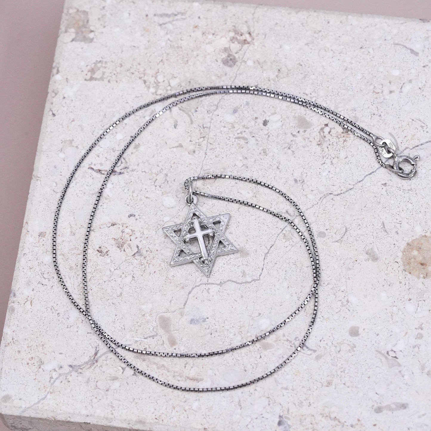 18” Sterling 925 silver box chain necklace hexagram Star of David cross pendant