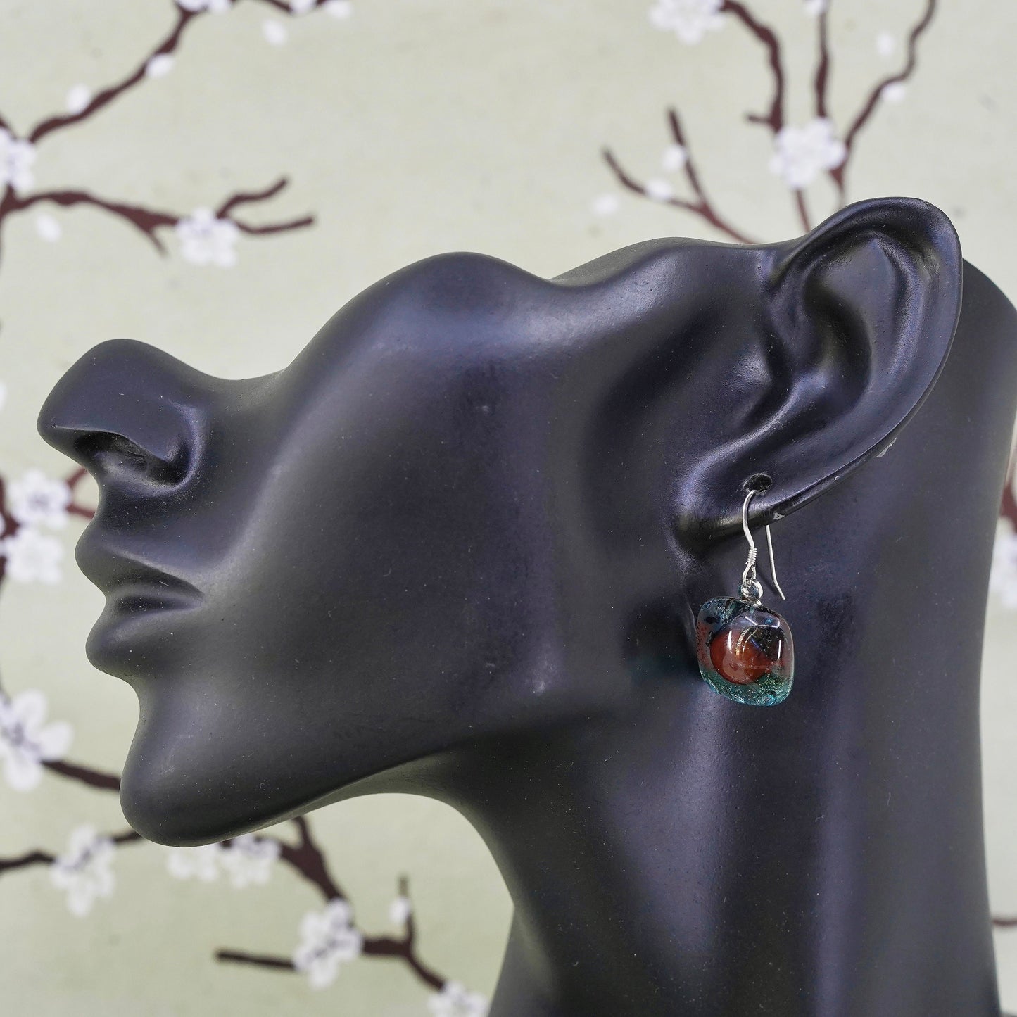 Vintage Sterling 925 silver handmade earrings square foiled artisan glass drops