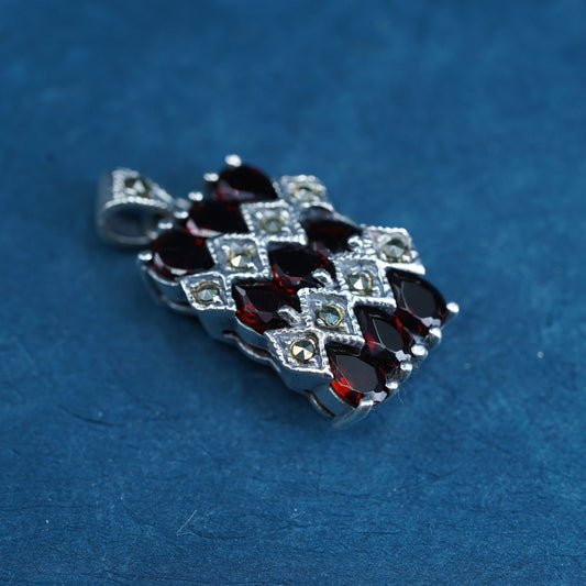 Vintage sterling 925 silver handmade pendant with ruby and marcasite details
