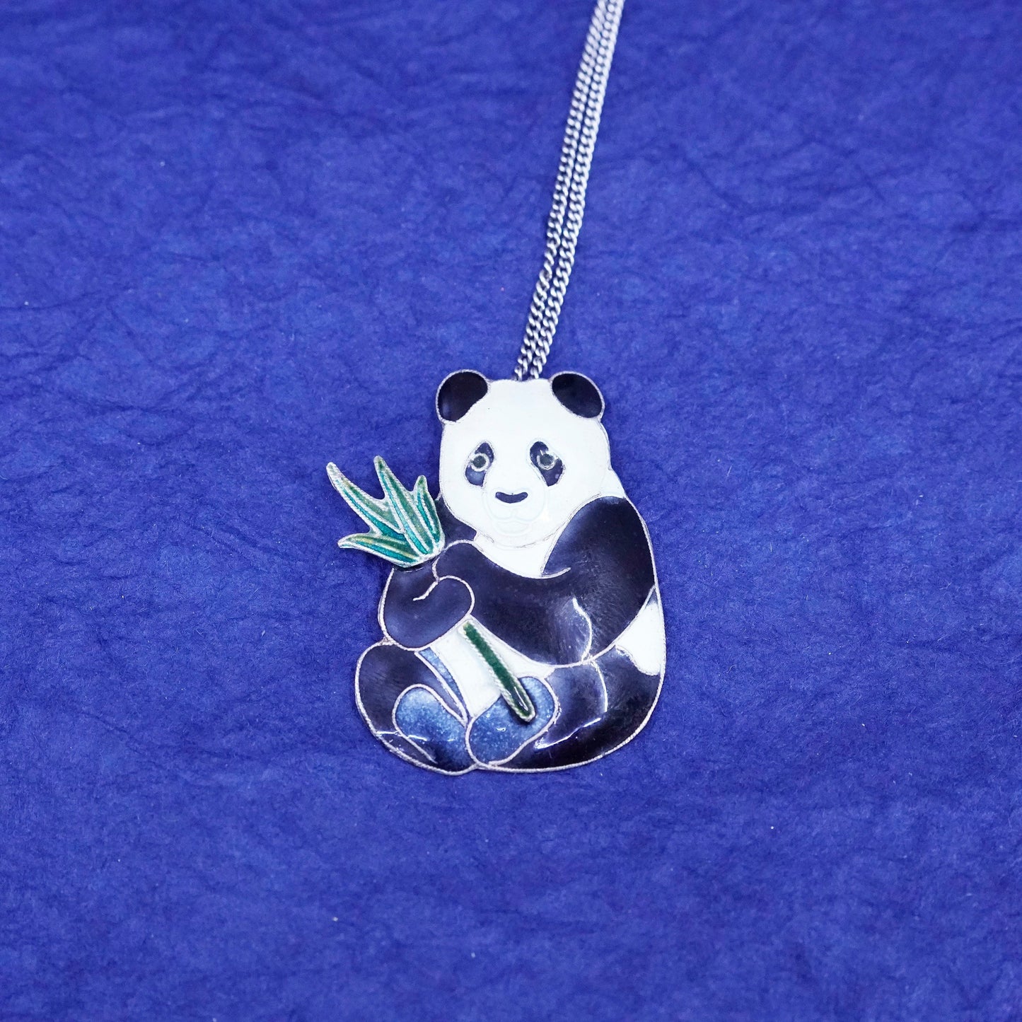 16+4”, sterling silver handmade necklace, 925 curb chain enamel panda pendant