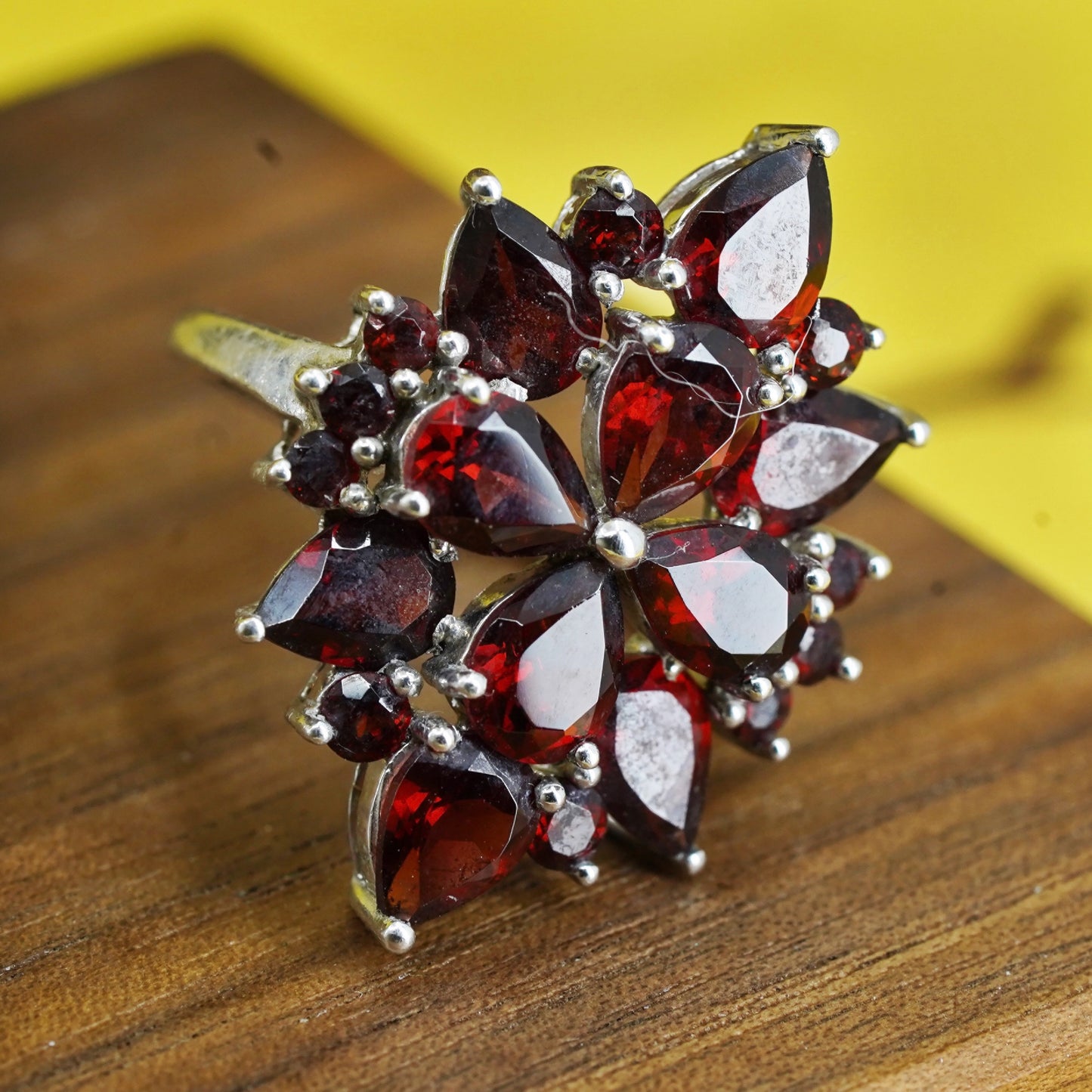 Size 8, vintage Sterling 925 silver handmade ring with cluster ruby