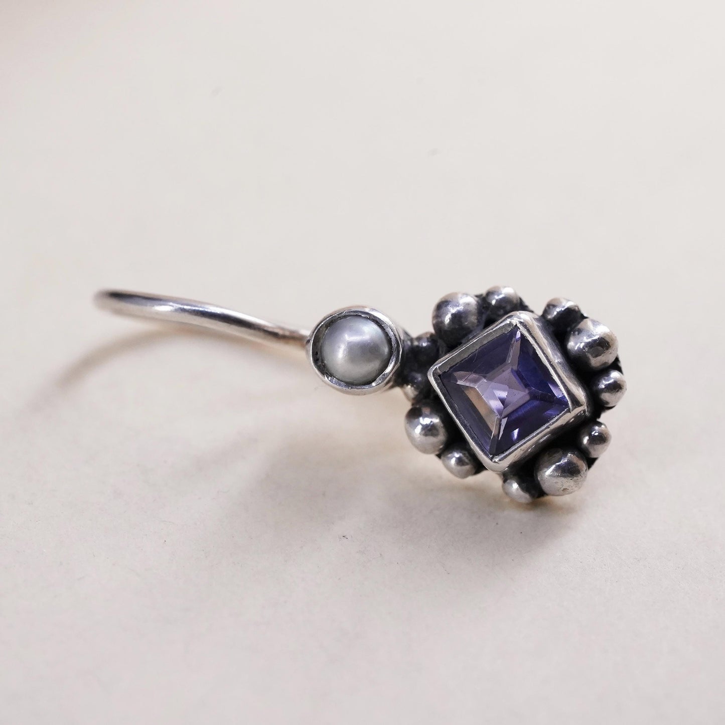 Vintage sterling 925 silver handmade single 1 earring with amethyst and pearl