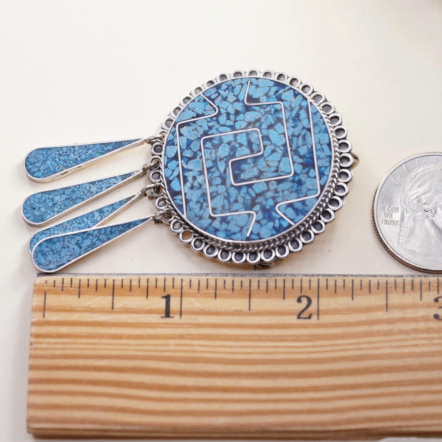 Sterling Silver Taxco Mexico Pin Pendant Turquoise Mosaic Gemstone 925 Brooch