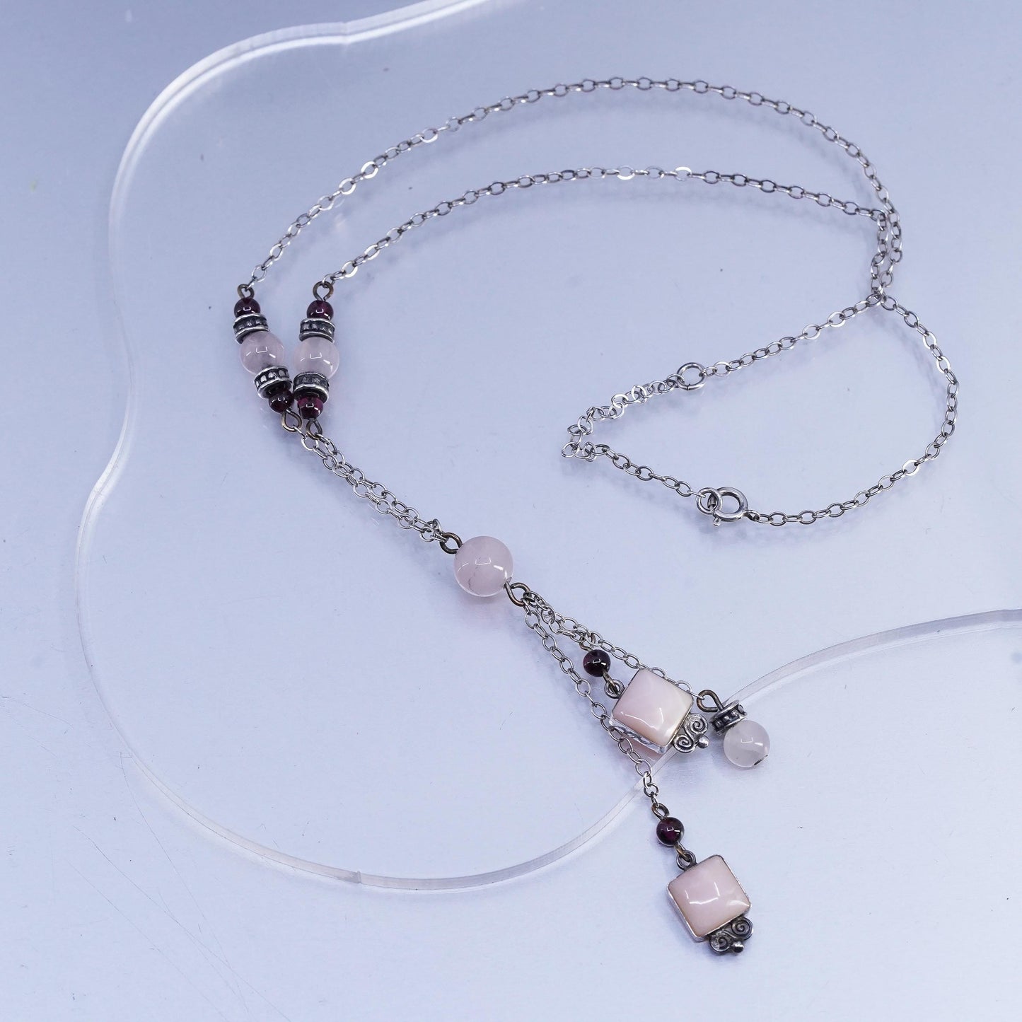 16+2", vintage Sterling 925 silver circle necklace pink quartz beads pendant