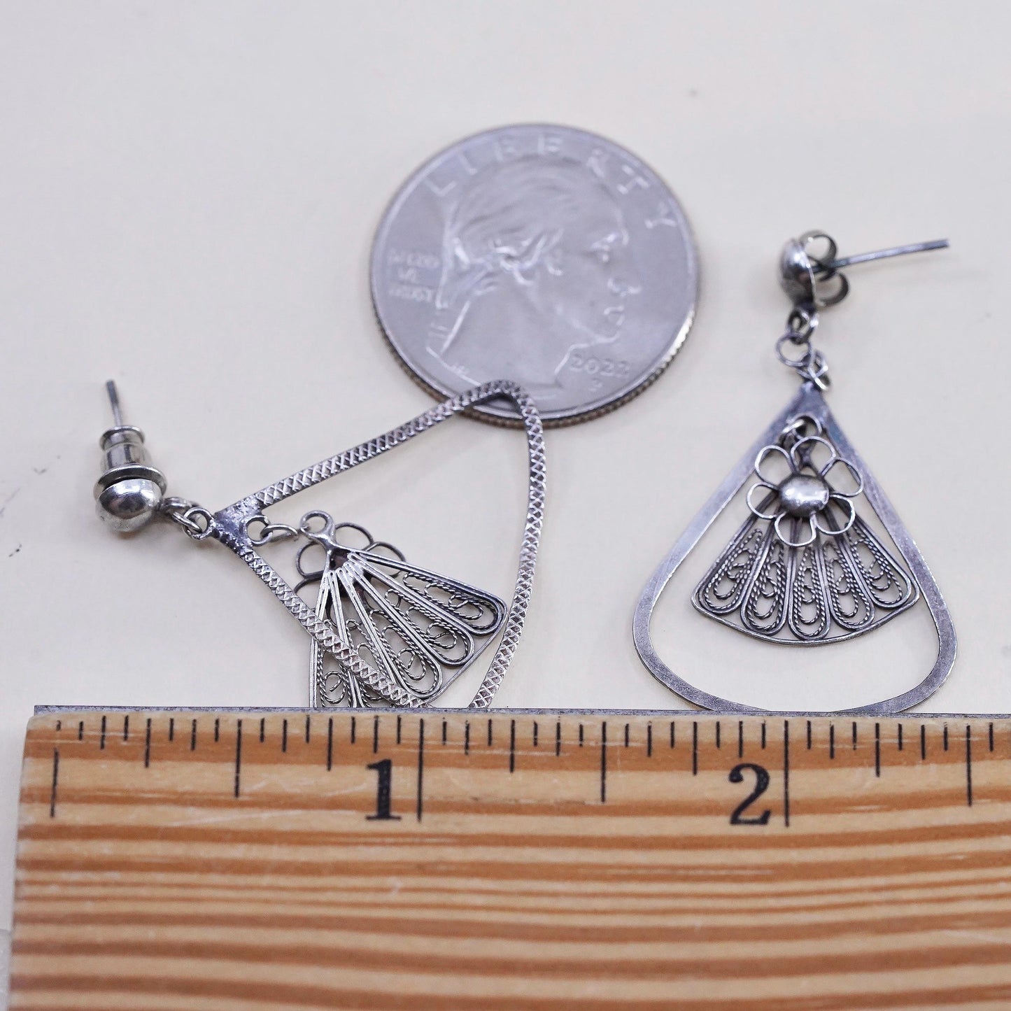Vintage sterling silver handmade earrings, solid 925 flower filigree details