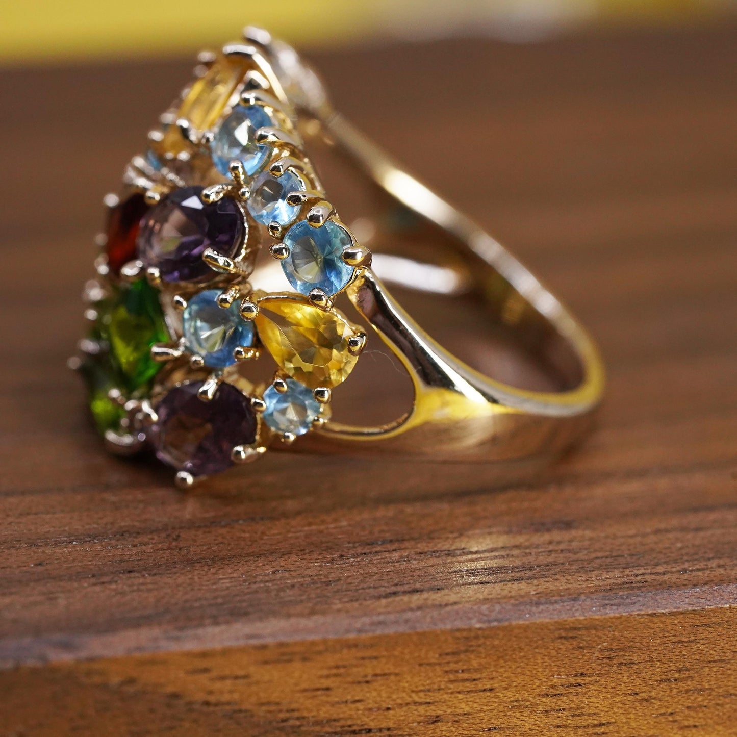 Size 9.75, yellow gold plated Sterling 925 silver ring citrine ruby peridot