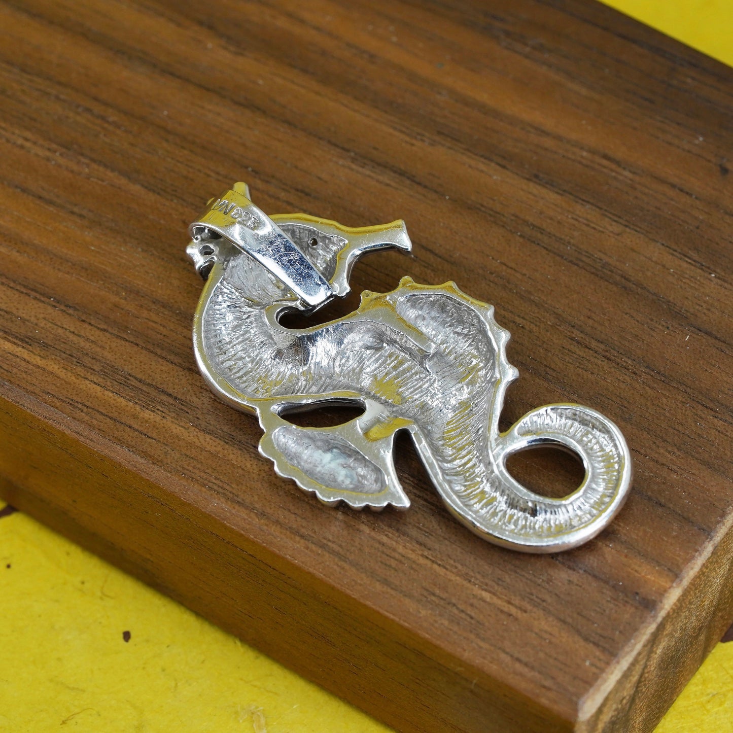 Vintage Sterling 925 silver handmade seahorse pendant with diamond eye