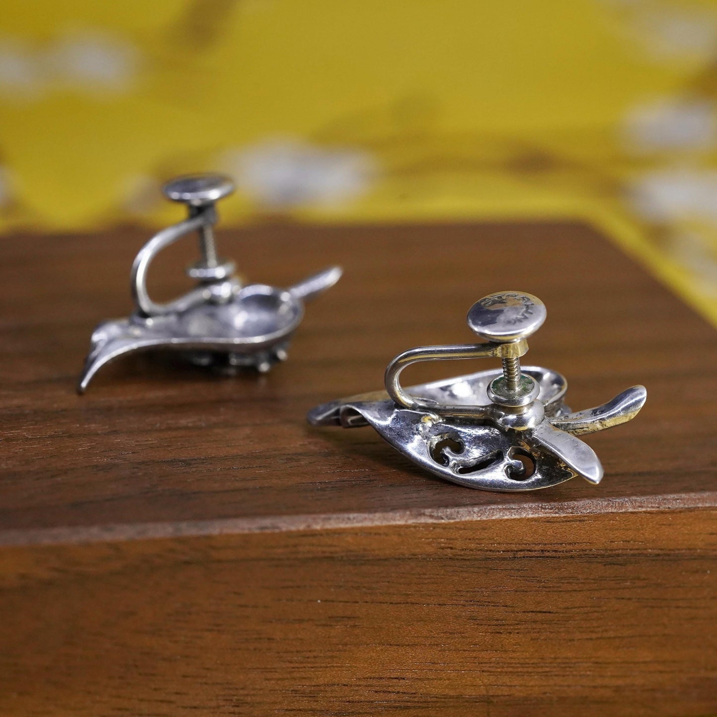 Vintage Sterling silver handmade earrings, 925 leaf screw back earrings