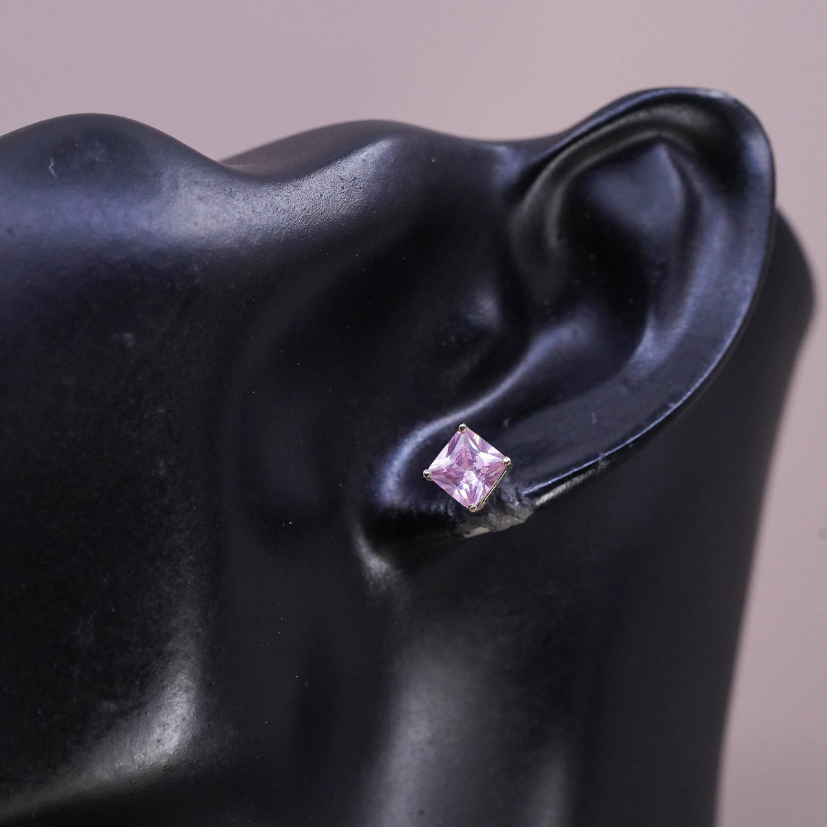 Vintage Sterling silver handmade earrings, 925 silver square studs pink crystal