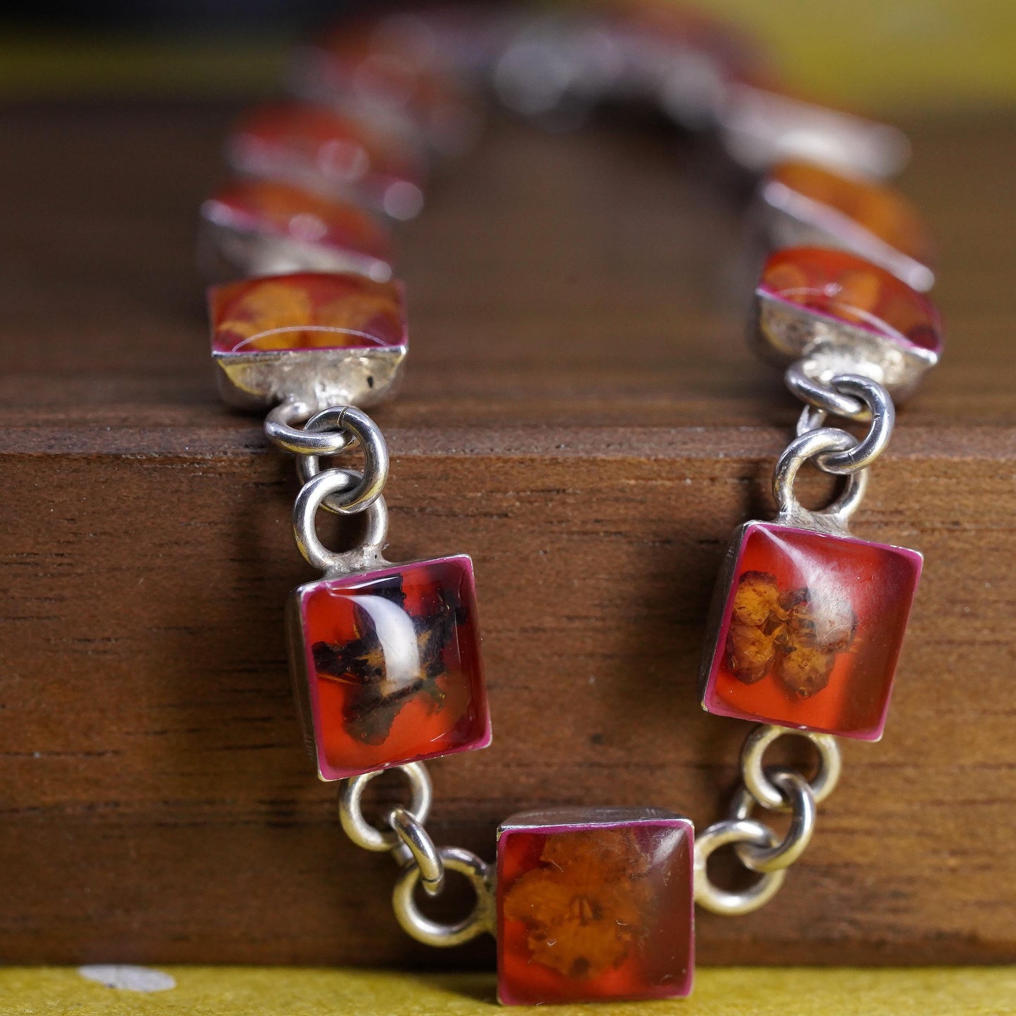 7.5", Sterling Silver Pressed Flower Bracelet, Botanical Resin Link chain, Red