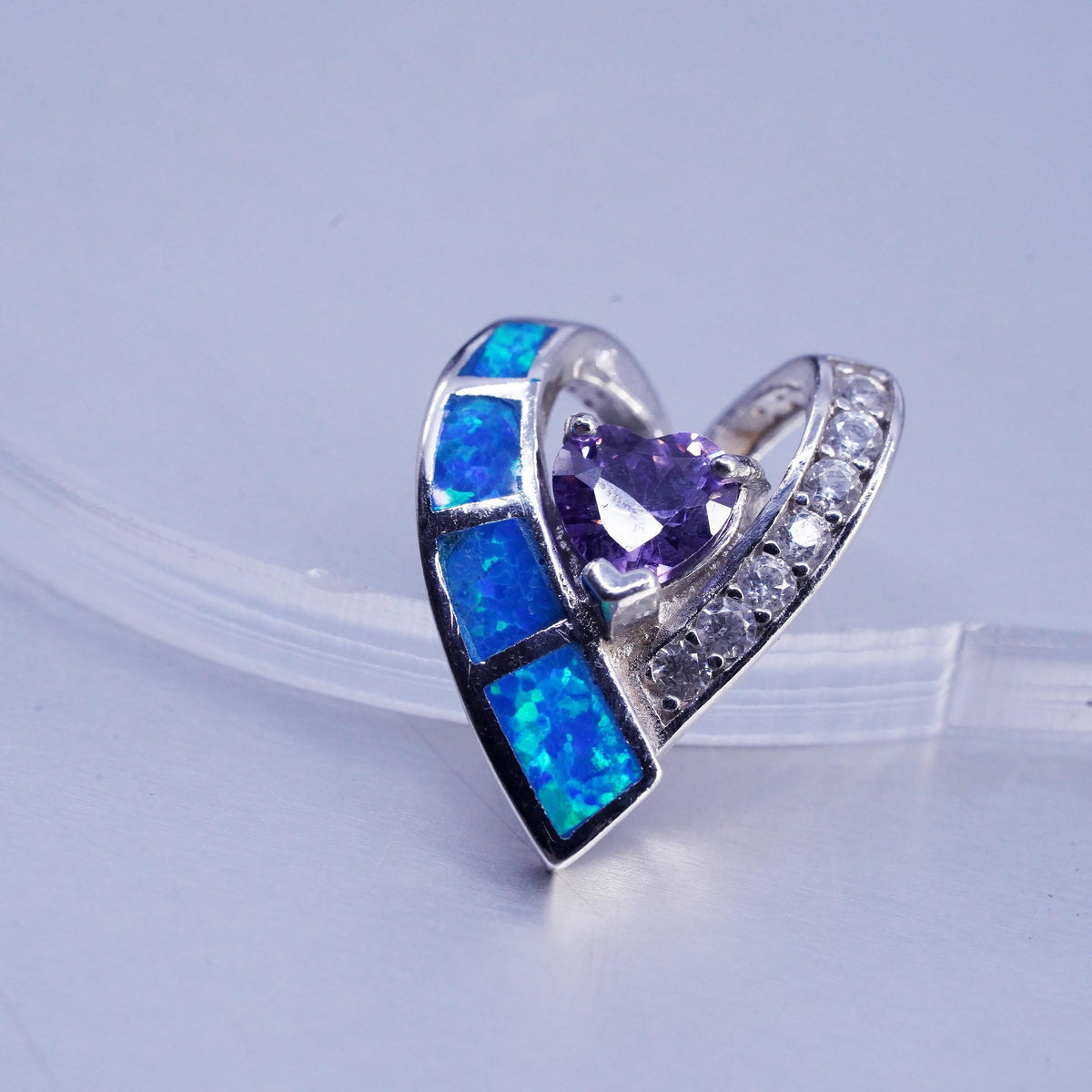 Vintage sterling 925 silver heart pendant with amethyst and opal inlay