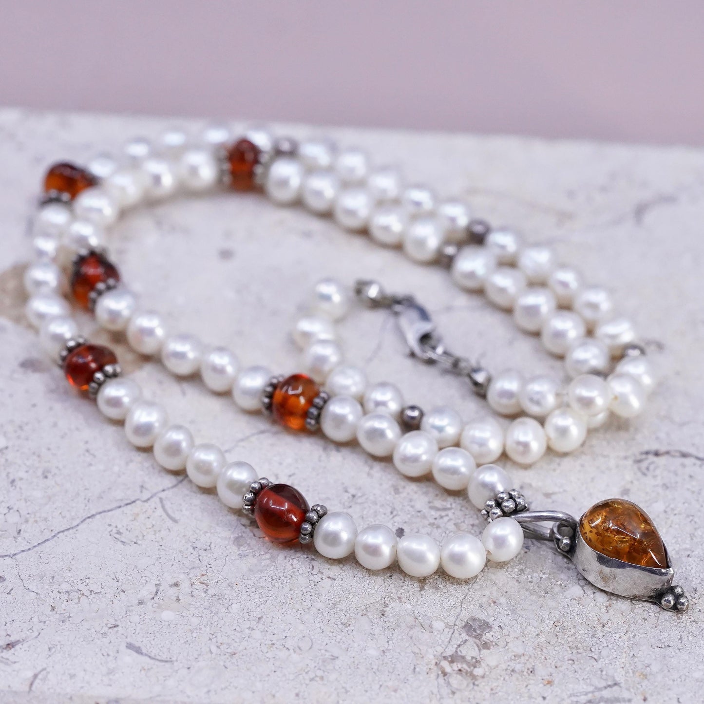 18", Sterling 925 silver necklace with freshwater pearl amber teardrop pendant