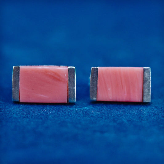 sterling silver handmade earrings, 925 rectangular studs with orange jasper