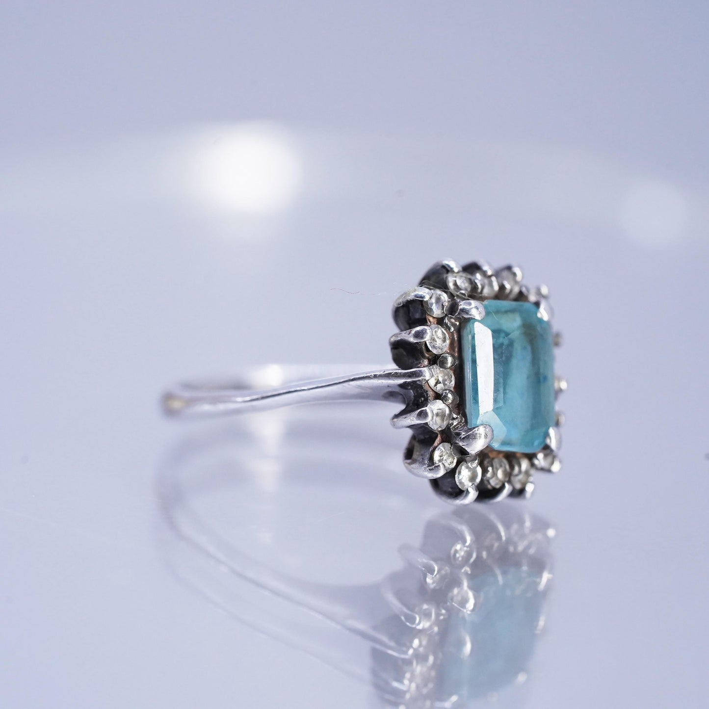 size 4.25, Vintage Sterling Silver 925 emerald cut topaz ring cluster Diamonds