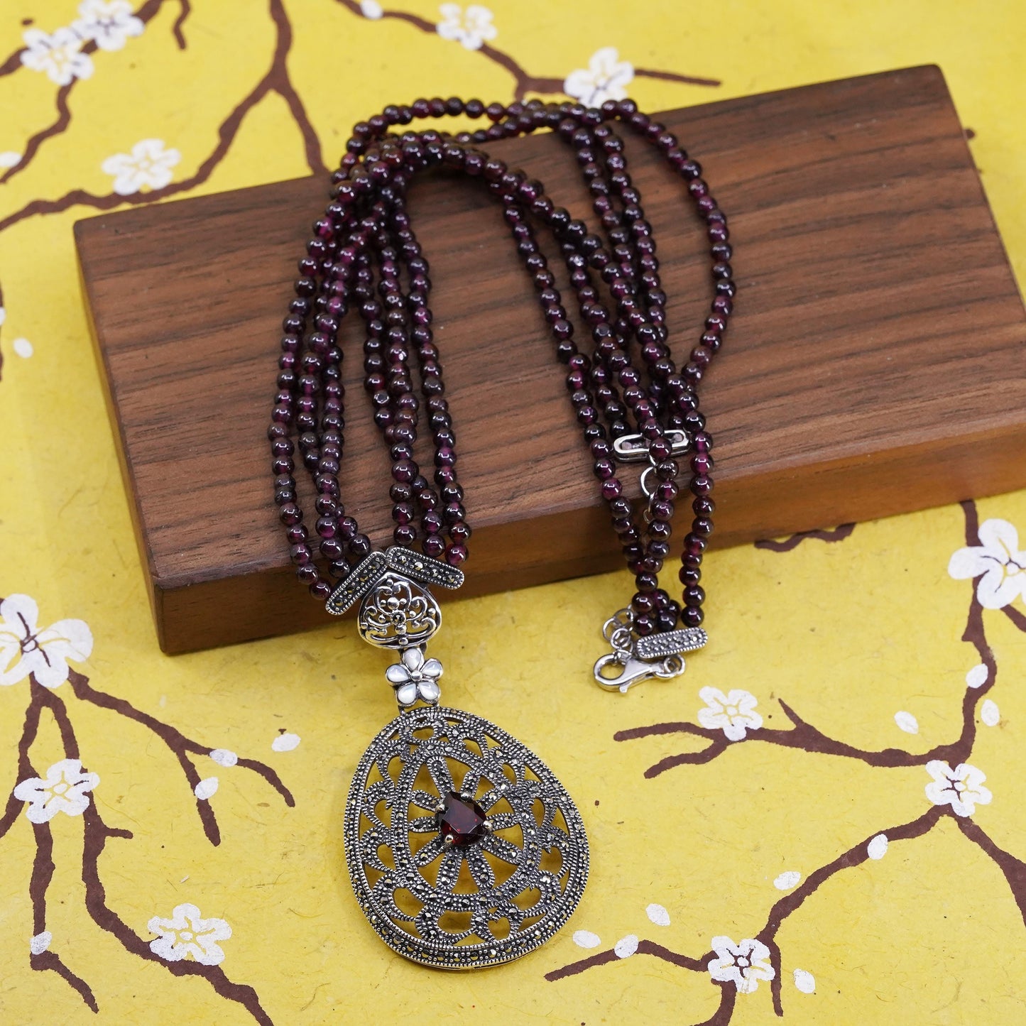 16+2" Sterling 925 silver multi strands necklace marcasite pendant garnet beads