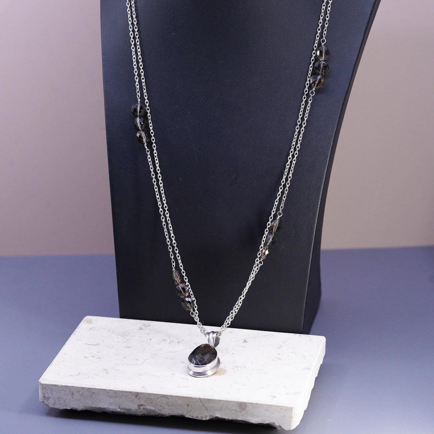 26", Sterling 925 Silver double strands necklace, Smoky Quartz teardrop pendant