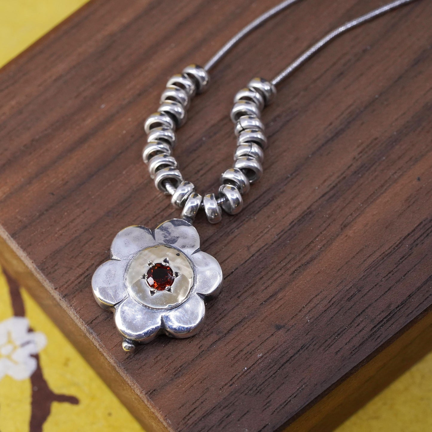 18” 14K flower Sterling silver pendant, 925 snake chain necklace with beads