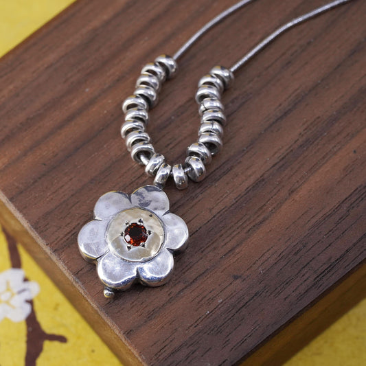 18” 14K flower Sterling silver pendant, 925 snake chain necklace with beads