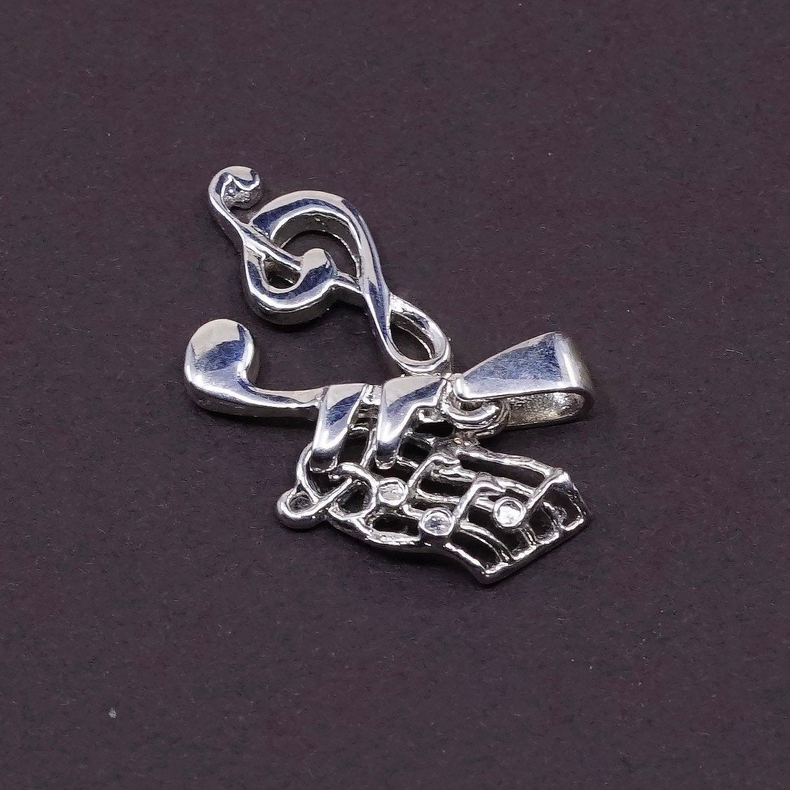 vtg Sterling silver handmade pendant, 925 music symbol charm w/ crystal