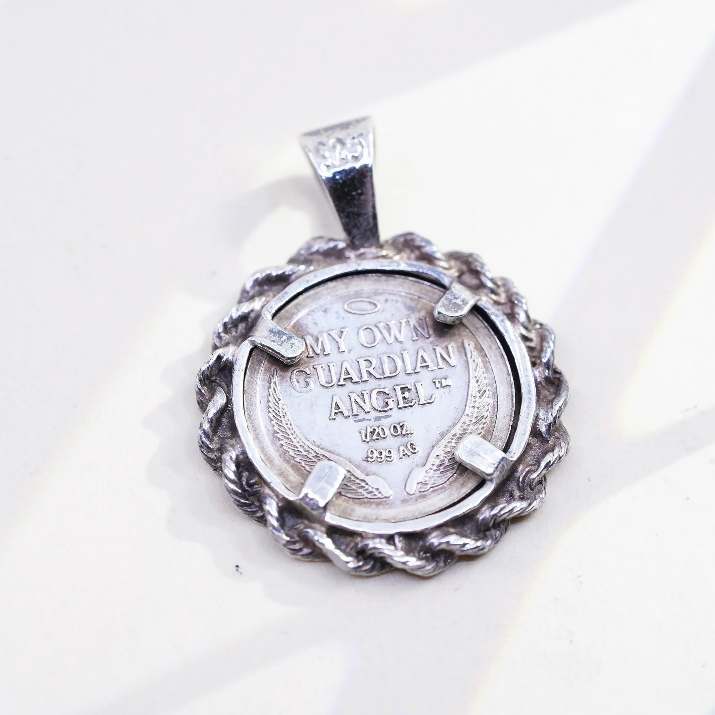 VTG Sterling silver pendant, 999 fine silver guardian angel coin in 925 cable
