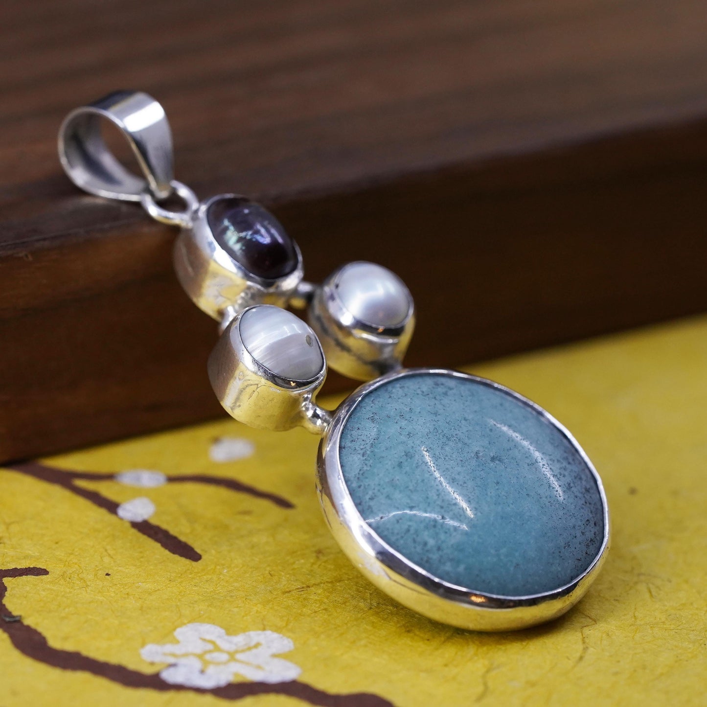 Vintage sterling silver pendant, southwestern 925 grapes with jade and pearls