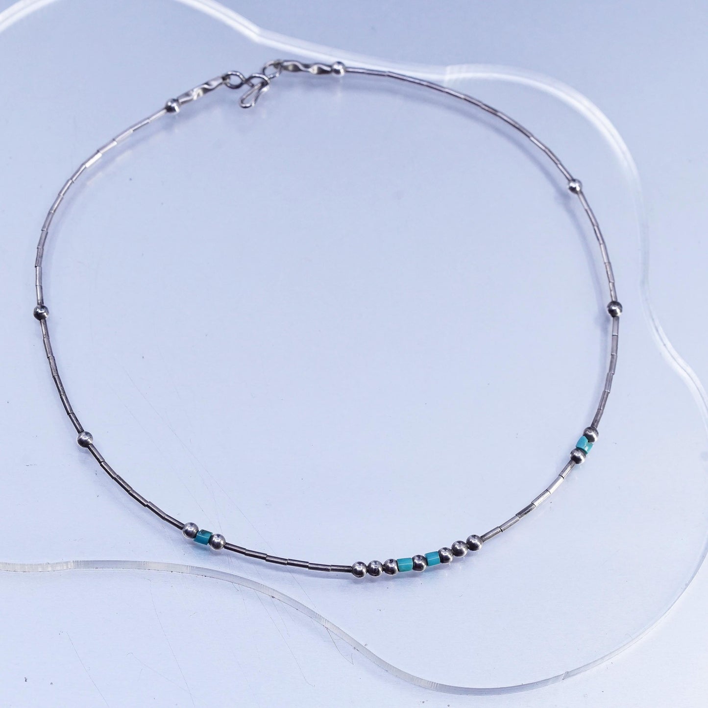 14", Native American Sterling 925 liquid silver necklace with turquoise beads